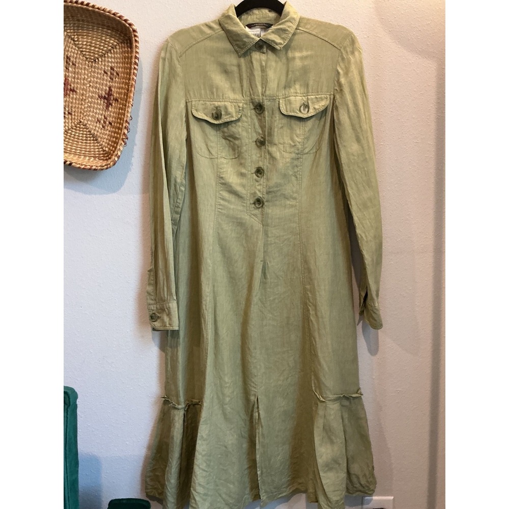 Weekend Max Mara Linen Lagenlook Olive Green Shirt Midi Dress Size 4 - Picture 3 of 8